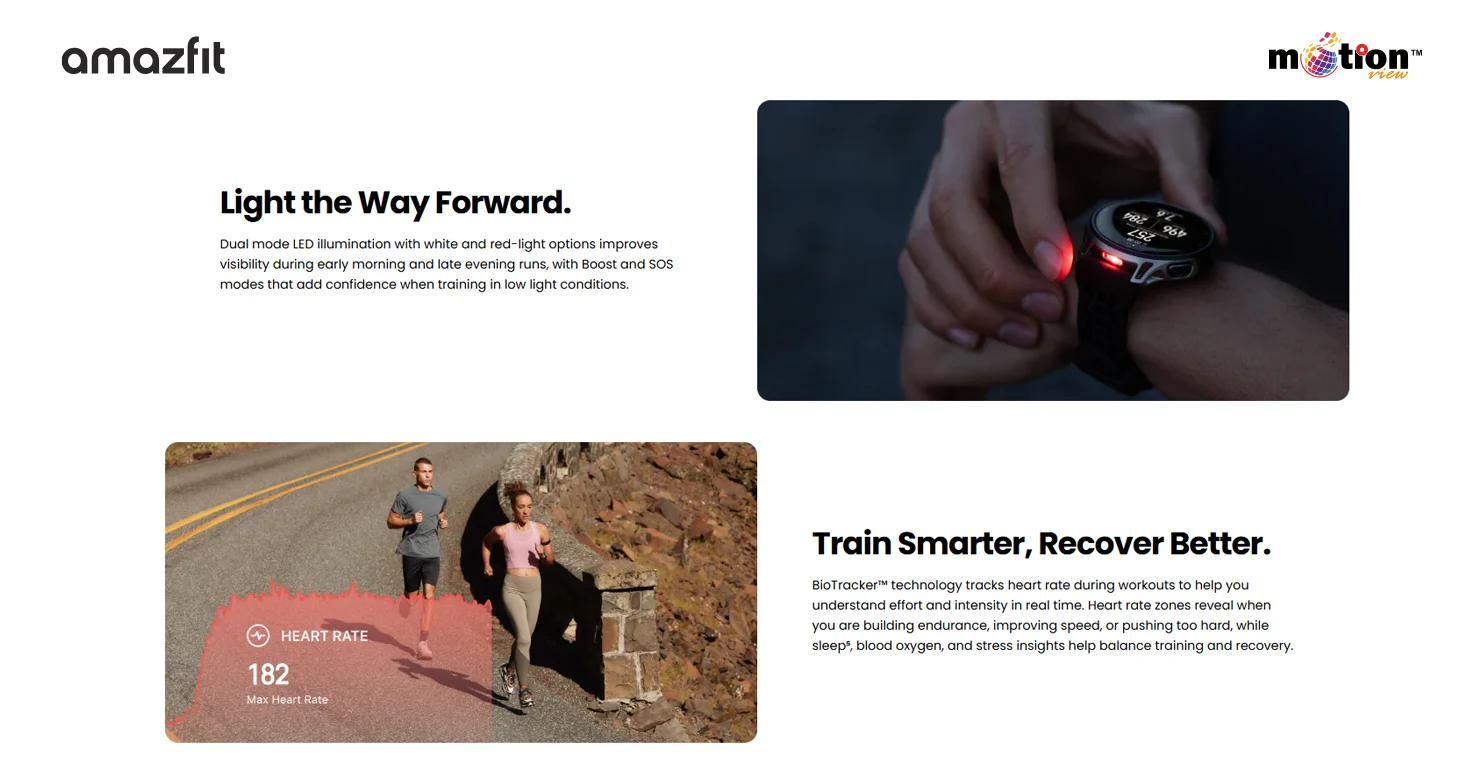 Amazfit Cheetah 2 Pro dual-mode LED illumination and BioTracker heart rate monitoring