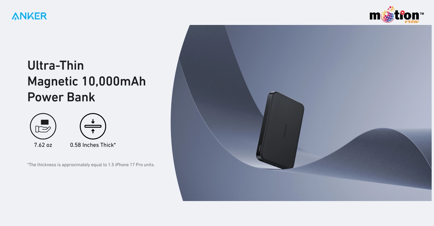 Alt Text: Ultra-thin profile of the Anker MagGo 10K Slim Magnetic Power Bank, highlighting its lightweight 7.62 oz and 0.58-inch thick design.