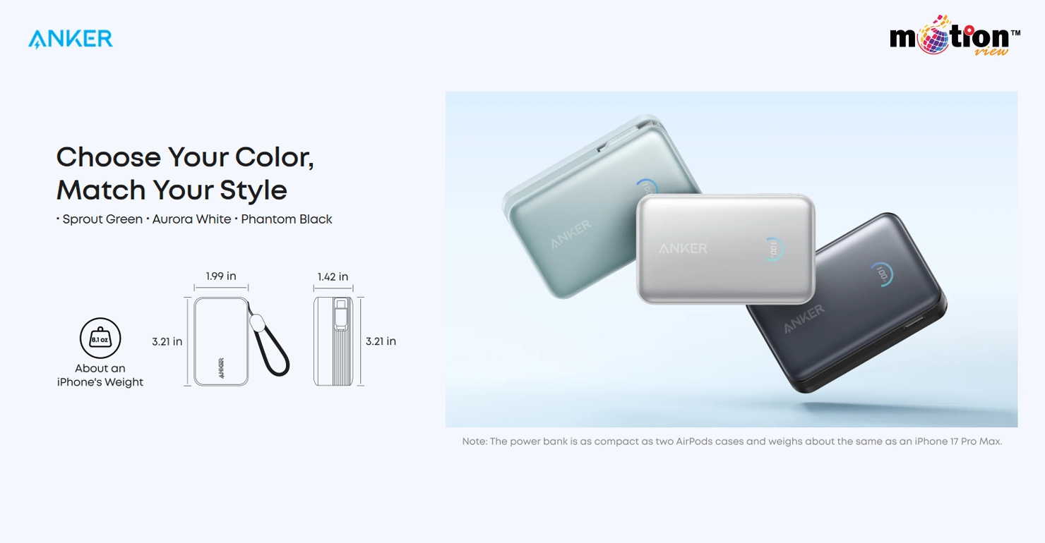 Anker Nano power bank available in Sprout Green, Aurora White, and Phantom Black with compact dimensions and iPhone-equivalent weight.