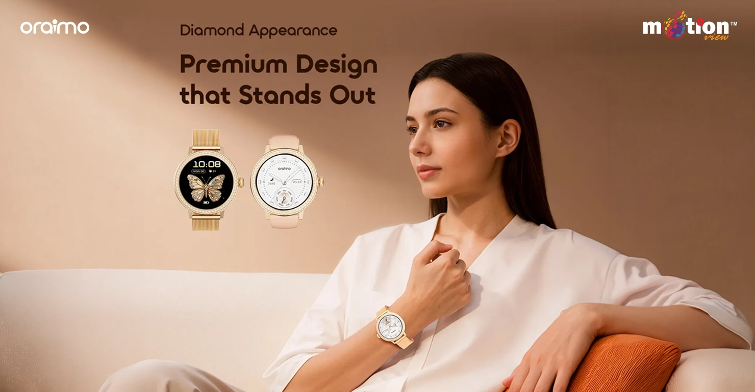 Woman wearing the Oraimo Watch Muse 2 highlighting its premium diamond design.