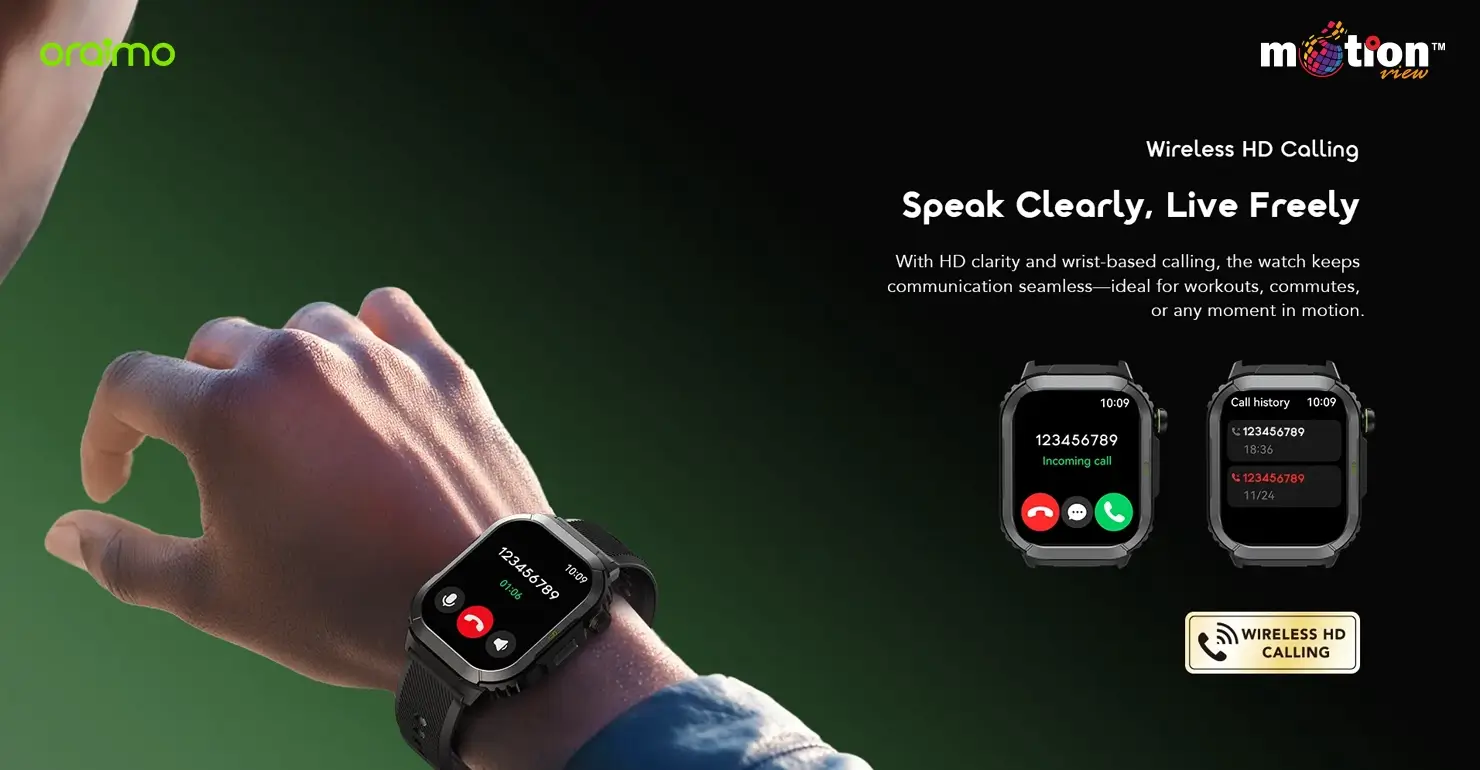User demonstrating the wireless HD Bluetooth calling feature and incoming call screen on the oraimo Watch Lumos N OSW-808N
