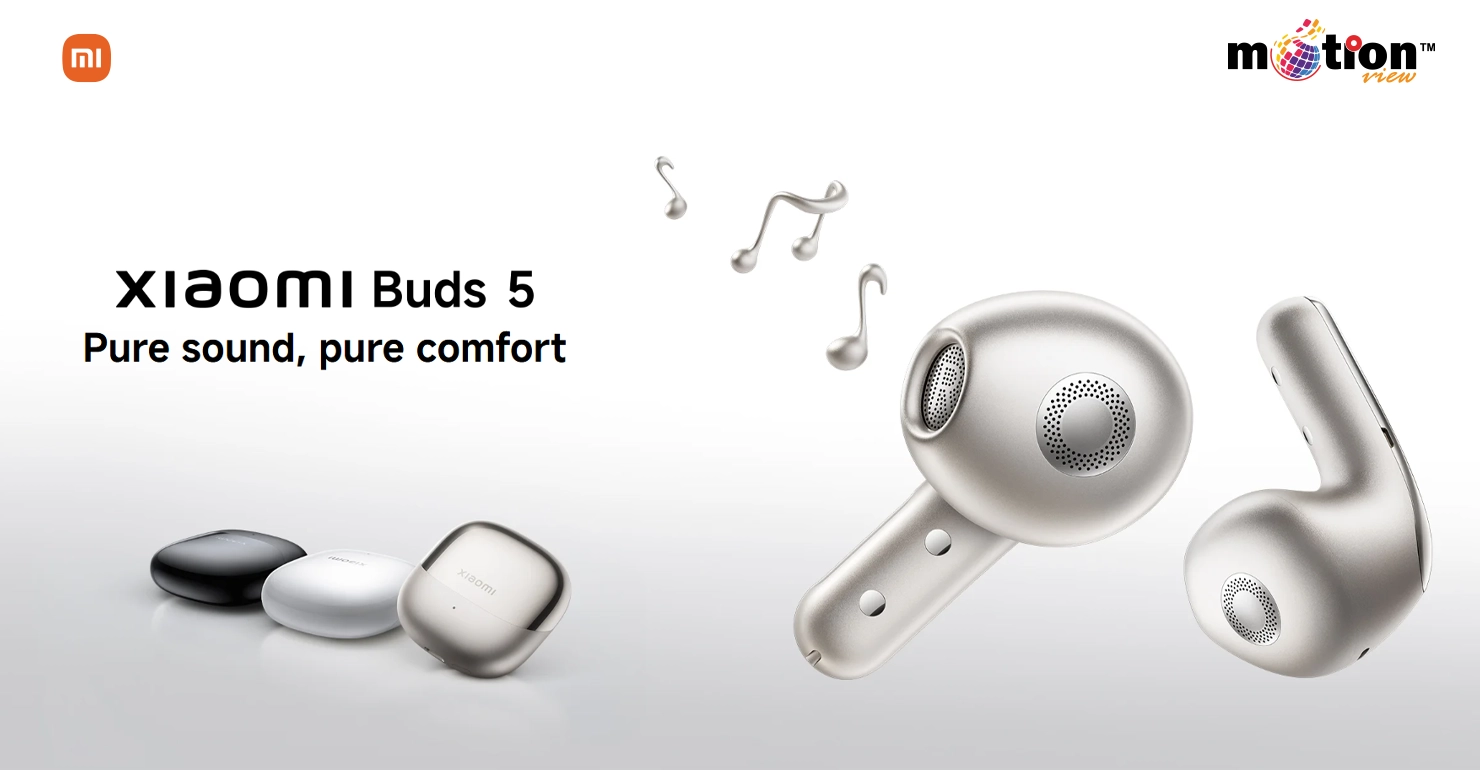 Xiaomi Buds 5 semi-in-ear wireless earbuds in Titan Gray, Ceramic White, and Graphite Black.