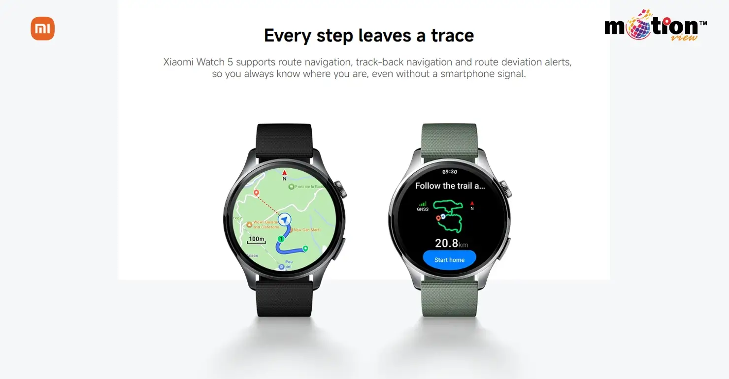 Xiaomi Watch 5 demonstrating track-back navigation and route deviation alerts without needing a smartphone signal.