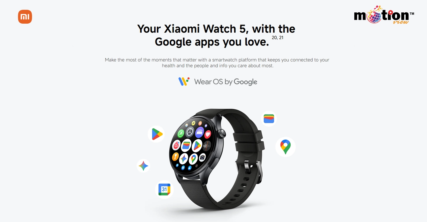 Xiaomi Watch 5 Wear OS by Google interface with icons for Google Maps, Play Store, Wallet, and Calendar apps.