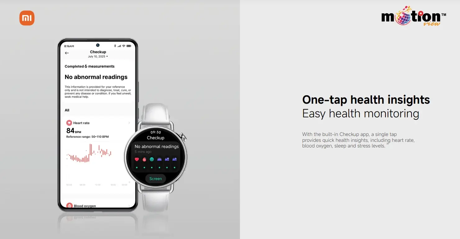 One-tap health insights on the Xiaomi Watch S4 41mm Smart Watch showing heart rate and blood oxygen monitoring.