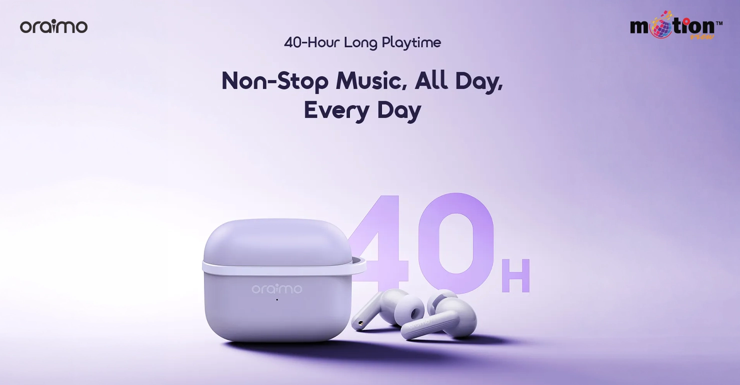 Purple Oraimo SpaceBuds Lite earbuds and charging case emphasizing up to 40-hour long playtime.
