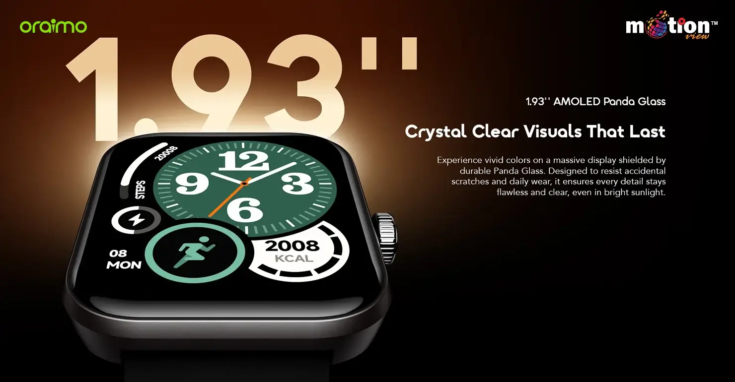 Close-up of the durable, crystal clear 1.93-inch AMOLED Panda Glass display on the oraimo Watch Nova 2N OSW-815N