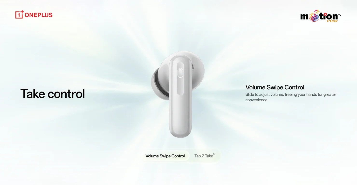 OnePlus Nord Buds 4 Pro stem showing Volume Swipe Control and touch sensor interface