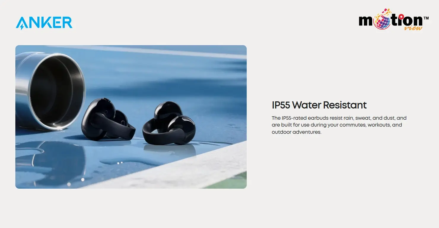 Anker Soundcore C50i IP55 water-resistant earbuds resting on a wet surface near a water bottle