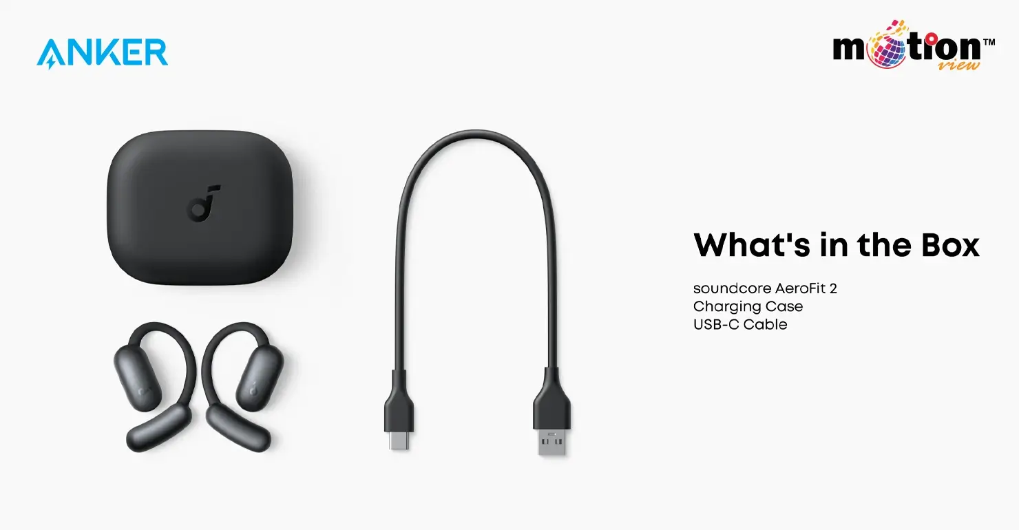 Soundcore AeroFit 2 package contents: open-ear headphones, charging case, and USB-C charging cable.
