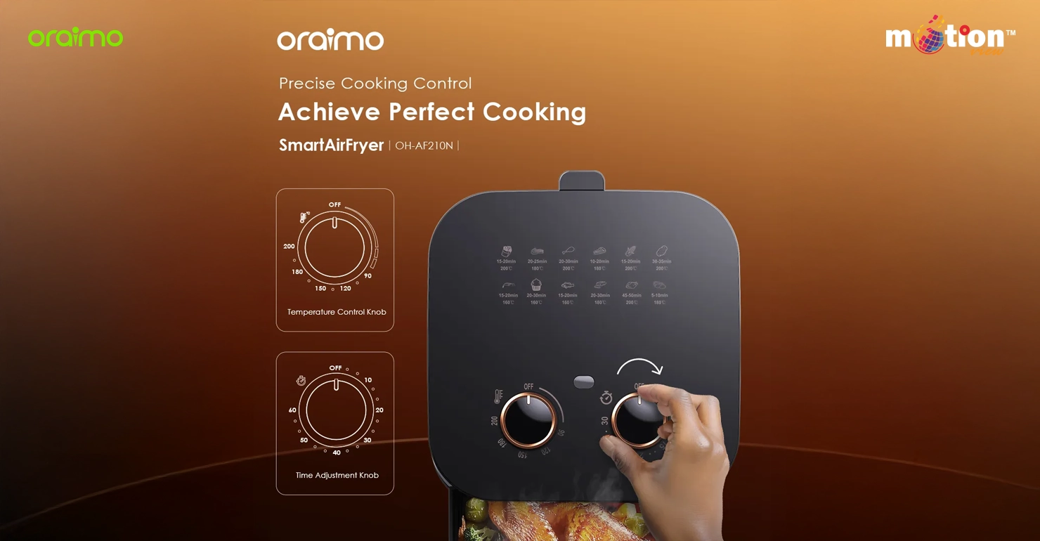 Close-up of the precise cooking control knobs for temperature and time on top of the Oraimo SmartAirFryer.