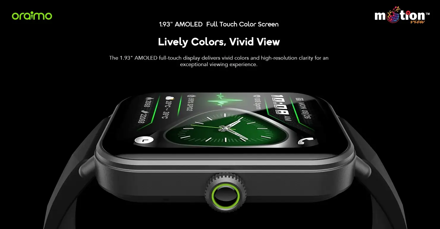 Close-up of the vibrant 1.93-inch AMOLED full touch color screen on the oraimo Watch Nova 2 Lite OSW-814L smartwatch