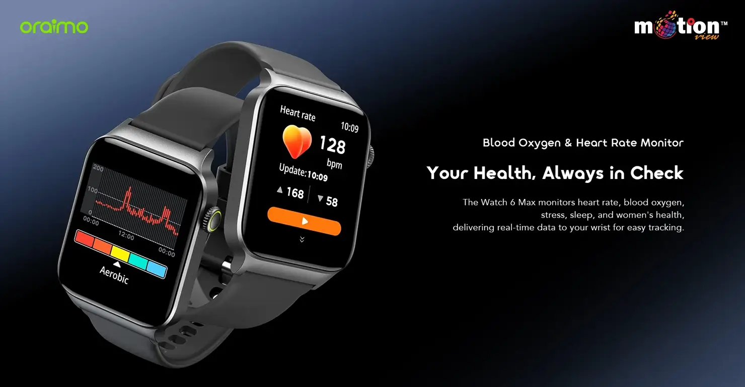 oraimo Watch 6 Max OSW-8001N smartwatch with floating icons representing its 105 built-in sport modes for comprehensive fitness tracking