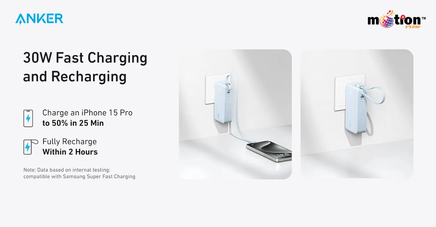 Anker 10K Fusion Power Bank plugged into a wall outlet, demonstrating 30W fast charging capable of powering an iPhone 15 Pro to 50 percent in 25 minutes