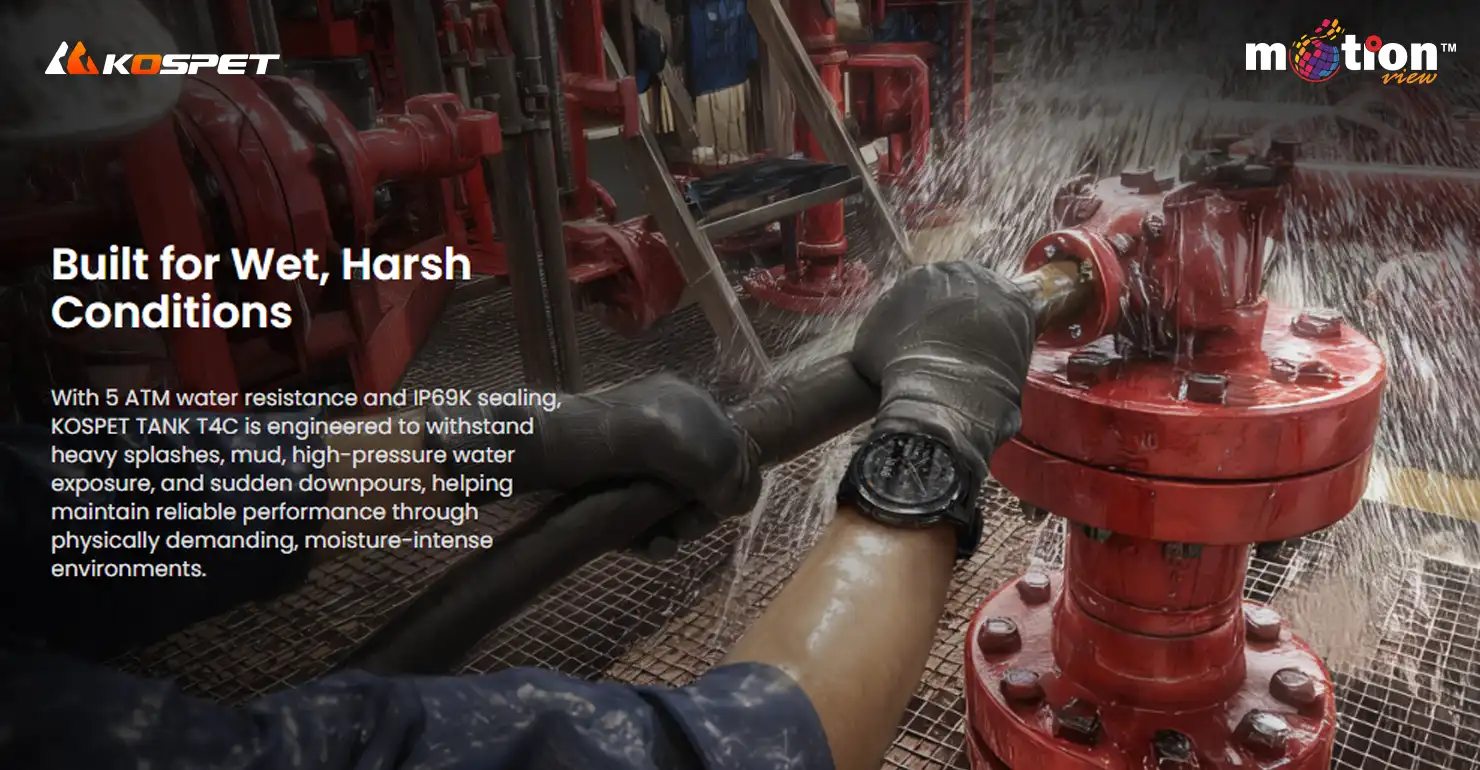 emphasizes the watch's durability in wet and harsh conditions