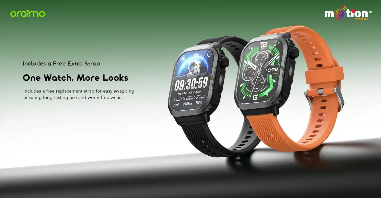 oraimo Watch Lumos N OSW-808N smartwatch showcasing the standard black strap alongside the included free extra orange replacement strap