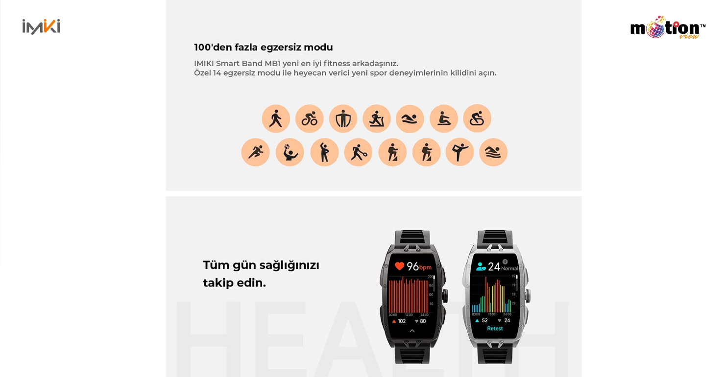 IMIKI MB1 smartwatch displaying icons for 100+ exercise modes and all-day health tracking charts.