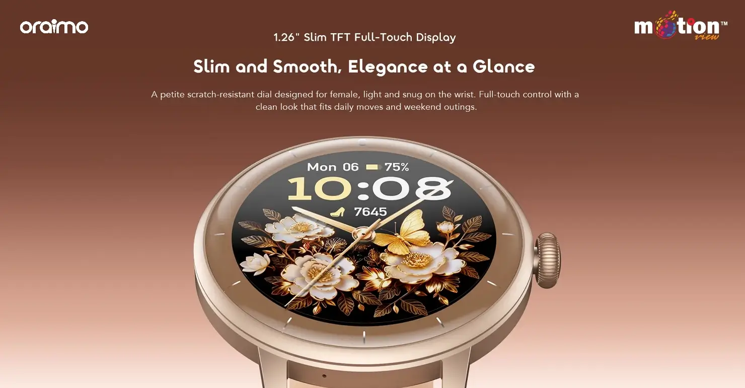 Close-up of the Oraimo Watch Muse 2 Lite's 1.26-inch slim TFT full-touch display featuring an elegant floral watch face.