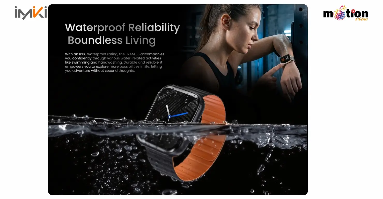 Imiki Frame 3 Smartwatch IP68 waterproof rating demonstration in water for swimming and handwashing.