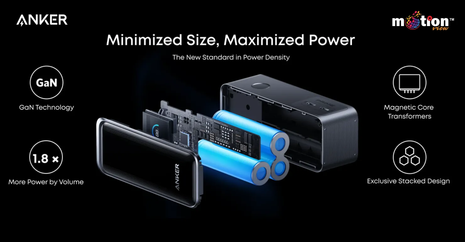 Exploded internal view of the Anker Prime 9.6K Fusion Charger showcasing its advanced GaN technology, high-density stacked battery cells, and magnetic core transformers
