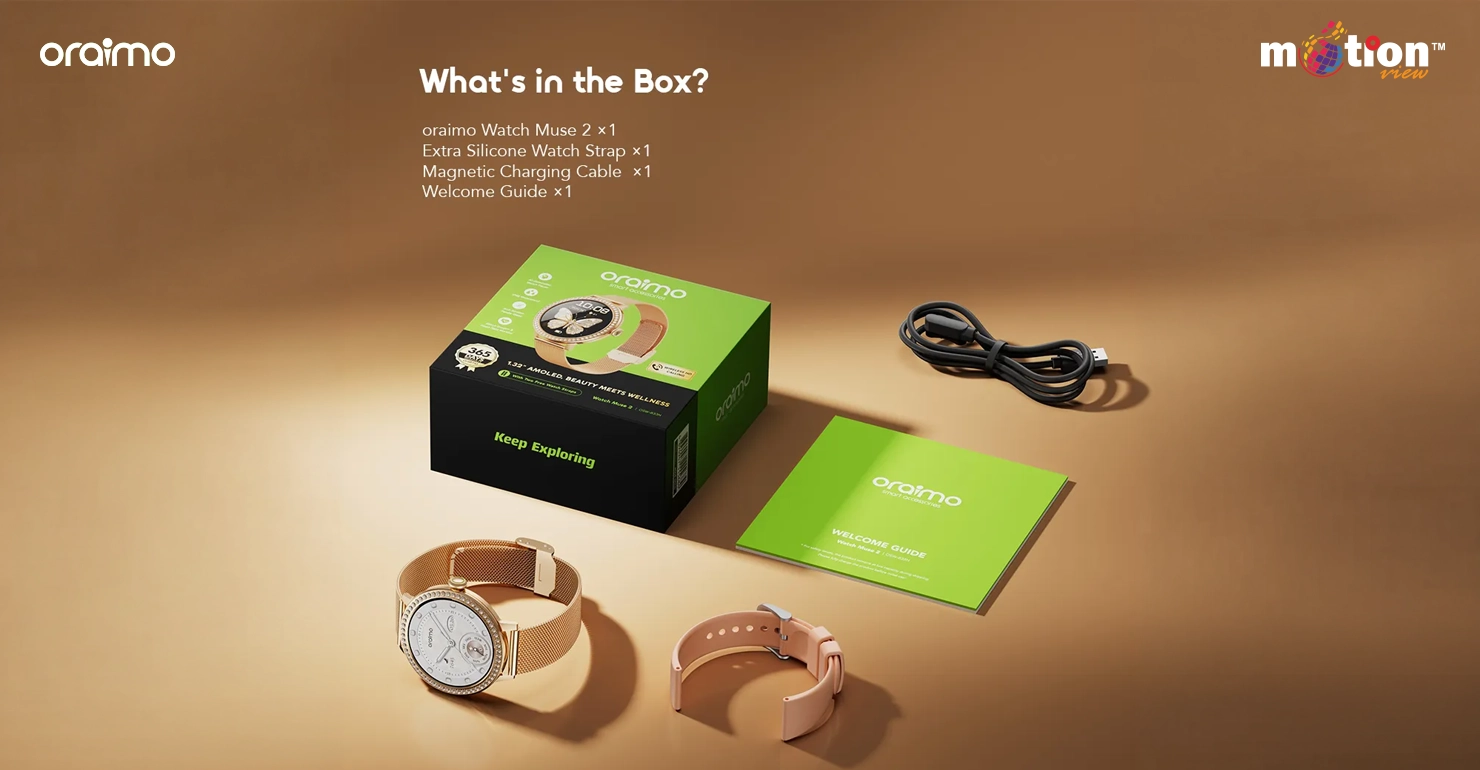 Oraimo Watch Muse 2 unboxing layout including the watch, an extra silicone strap, and a magnetic charging cable.