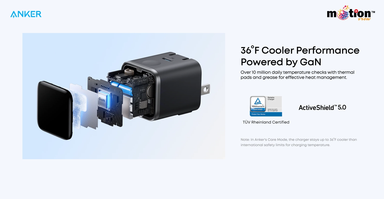 Internal components of Anker Nano Charger featuring GaN technology and ActiveShield 5.0 for thermal management.