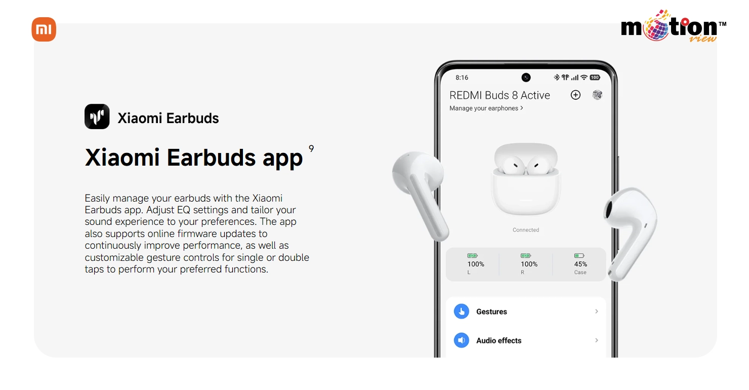 Managing gesture controls and firmware updates for Redmi Buds 8 Active through the Xiaomi Earbuds app.