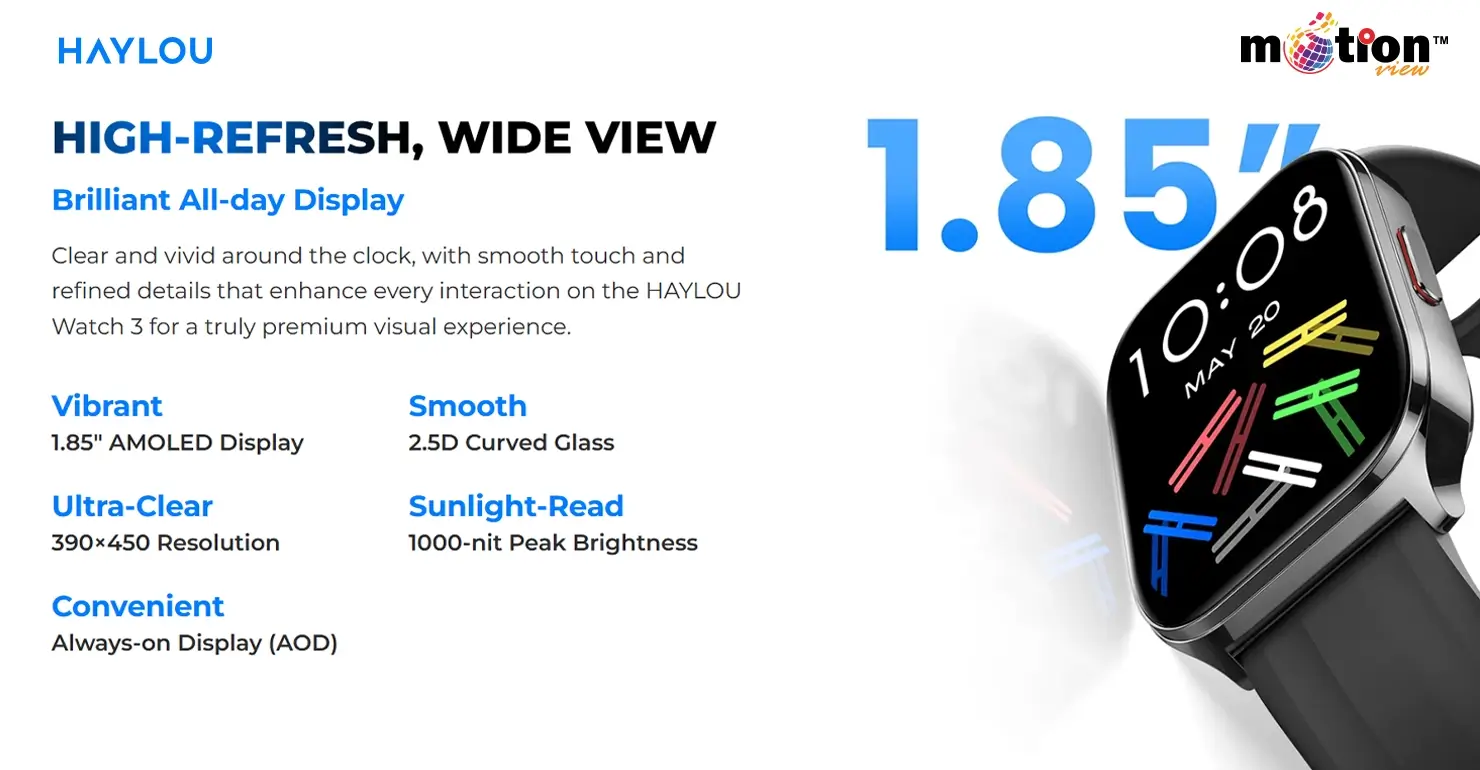 HAYLOU Watch 3 high-refresh wide view display with 390x450 resolution