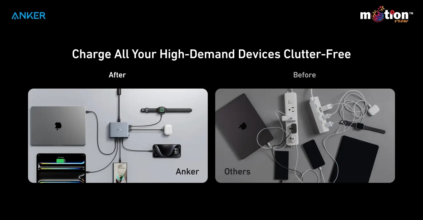 Comparison graphic showing a cluttered desk with multiple power strips versus a clean