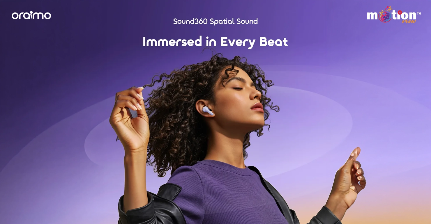 A woman listening to music with Oraimo SpaceBuds Lite, illustrating the immersive Sound360 Spatial Sound feature.