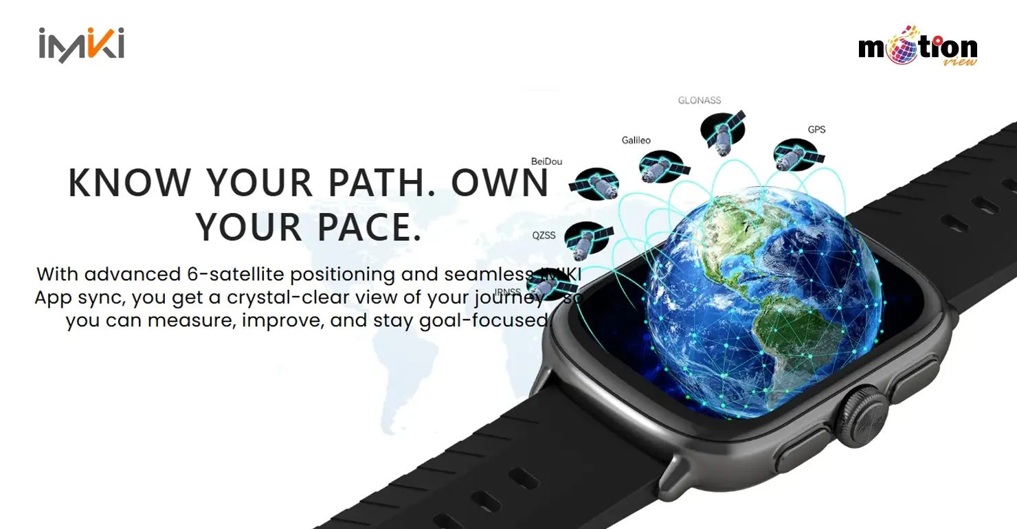 imiki Frame 2 Pro smartwatch displaying advanced 6-satellite GPS positioning globe
