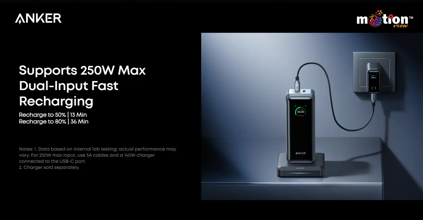 Anker Prime 26K Power Bank connected to a wall adapter demonstrating 250W max dual-input fast recharging