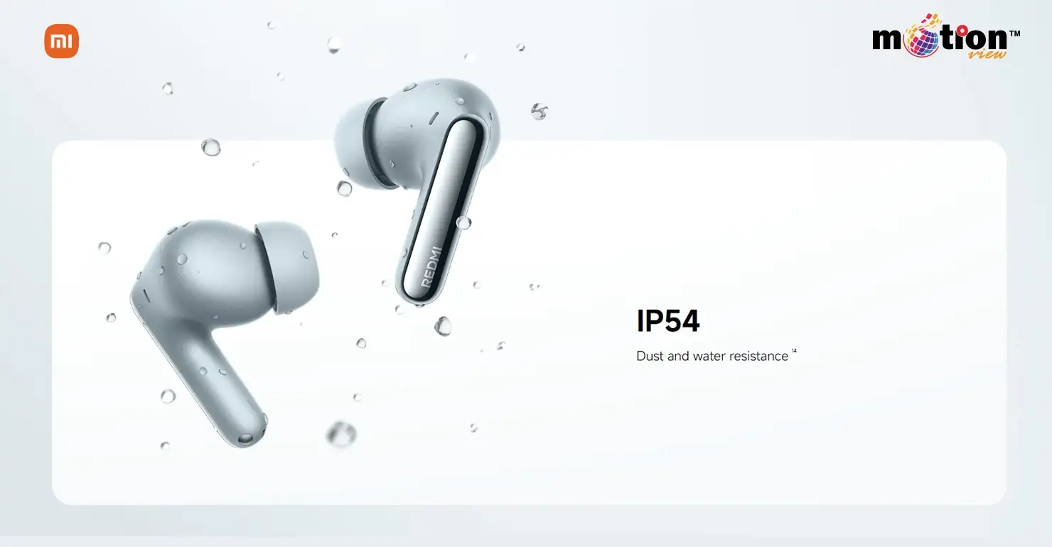 REDMI Buds 8 Pro earbuds with water droplets illustrating the IP54 dust and water resistance rating.