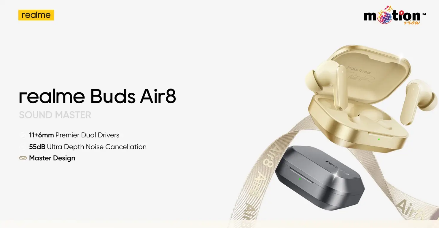 realme Buds Air 8 RMA2503 wireless earbuds in premium grey and white variants with matching charging cases.