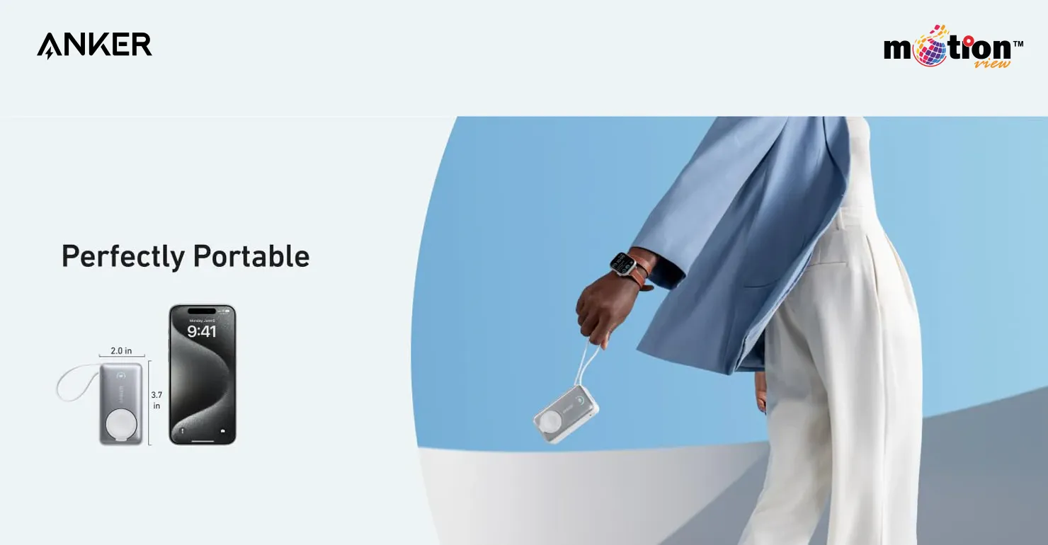 A person carrying the perfectly portable Anker MagGo 10K Power Bank by its built-in cable, alongside a graphic comparing its compact size to an iPhone