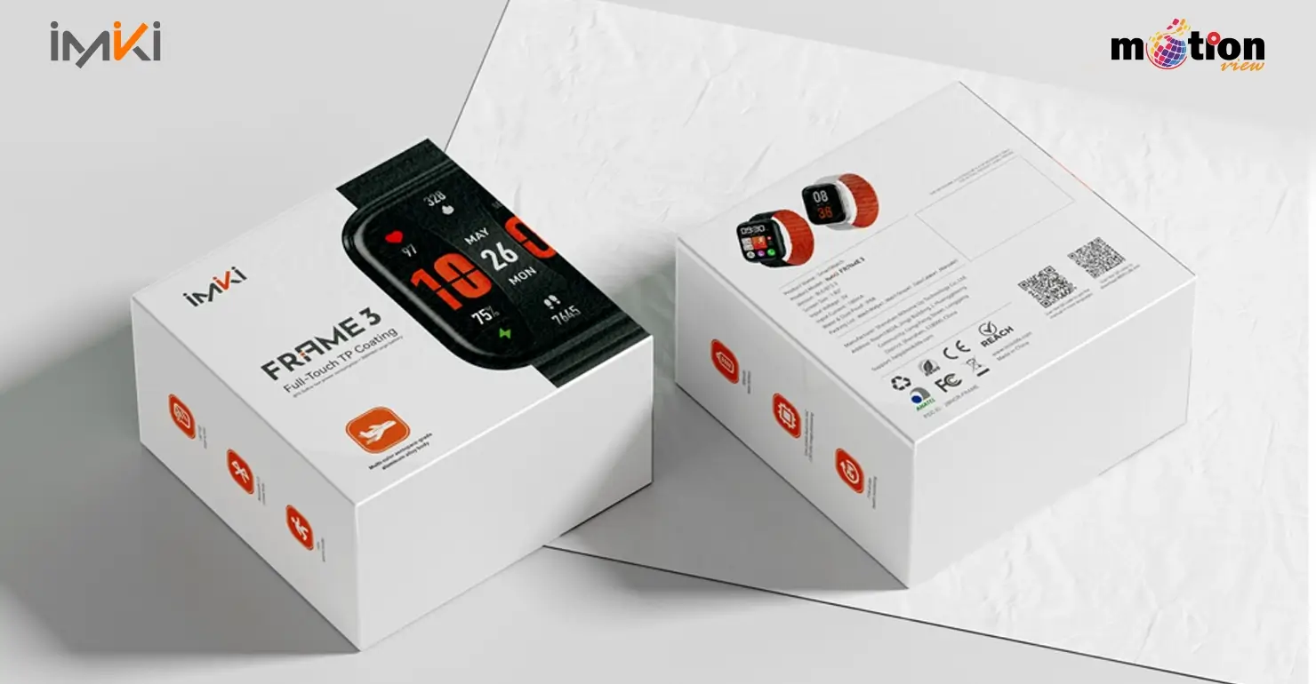 Imiki Frame 3 Smartwatch retail packaging and box design showing product certifications.