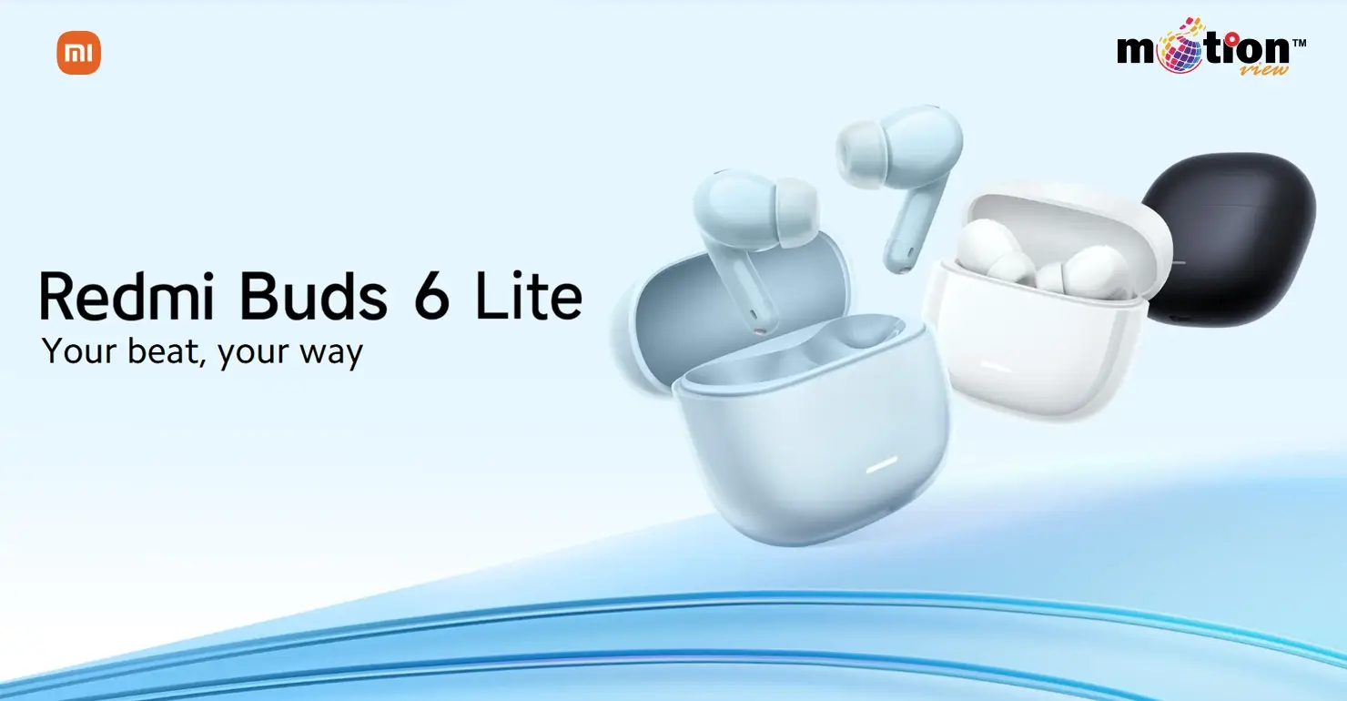 Redmi Buds 6 Lite wireless earbuds in Blue, White, and Black color variants with matching charging cases.