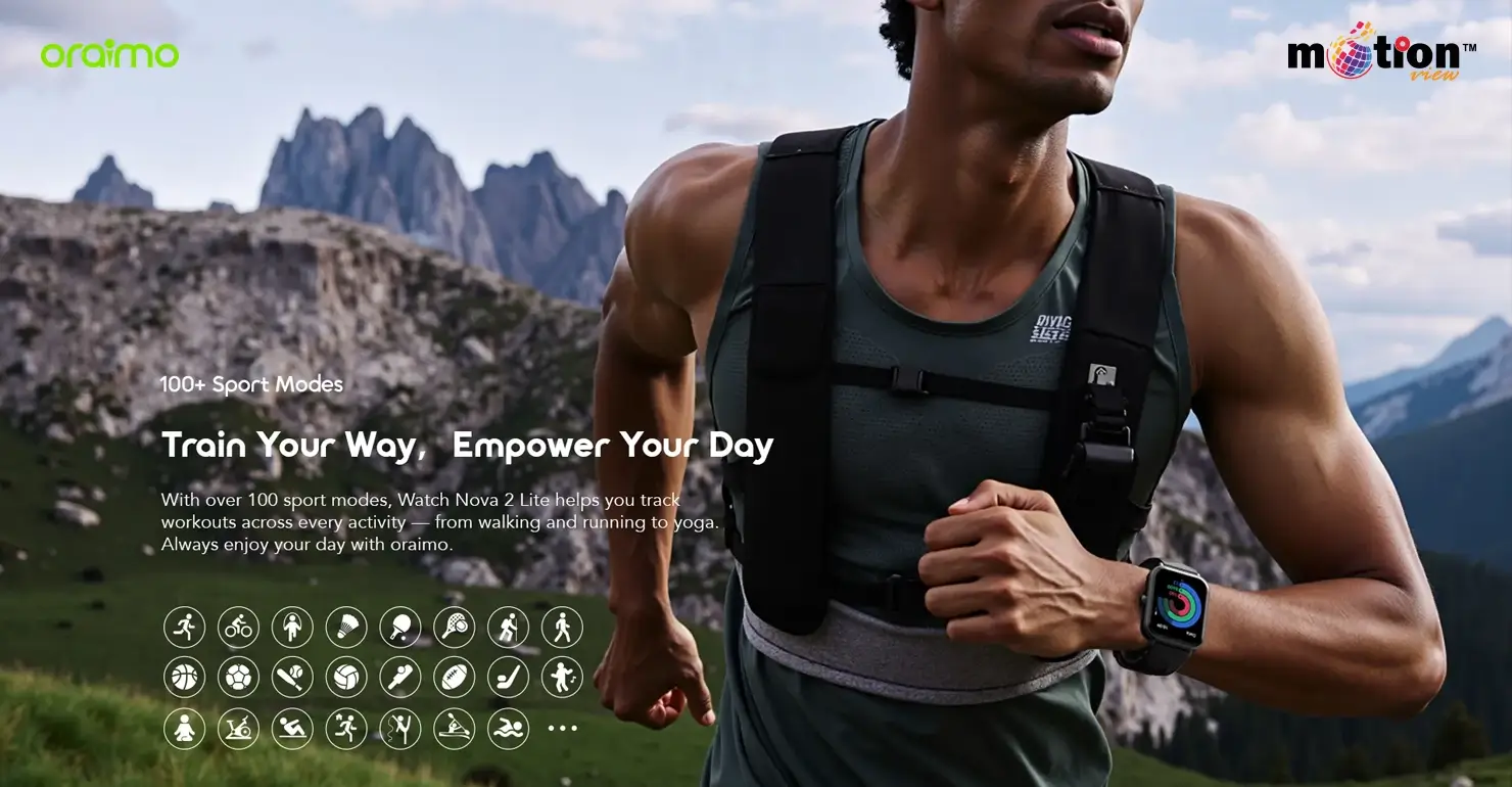 Trail runner tracking intense outdoor workouts using the 100+ built-in sport modes on the oraimo Watch Nova 2 Lite OSW-814L