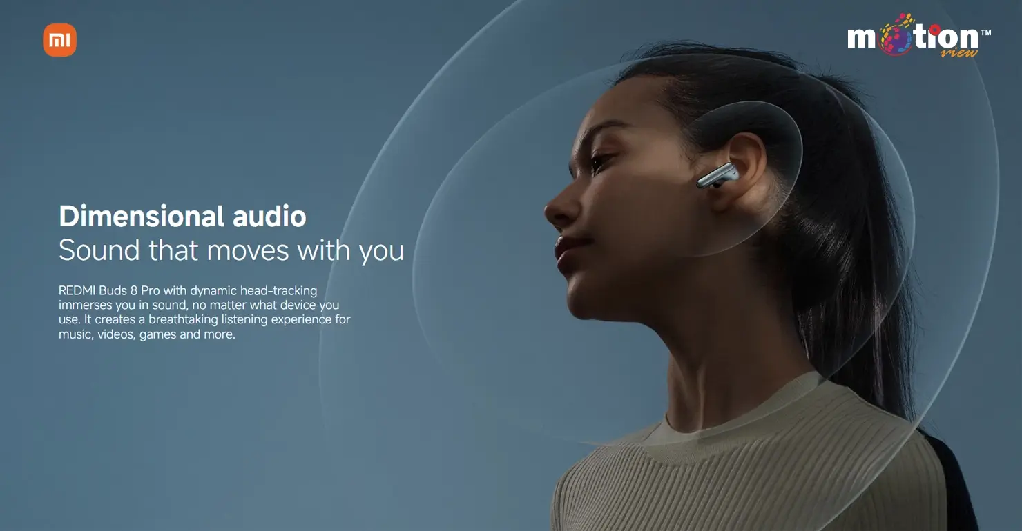 Visual representation of REDMI Buds 8 Pro dimensional audio with dynamic head-tracking for an immersive listening experience.