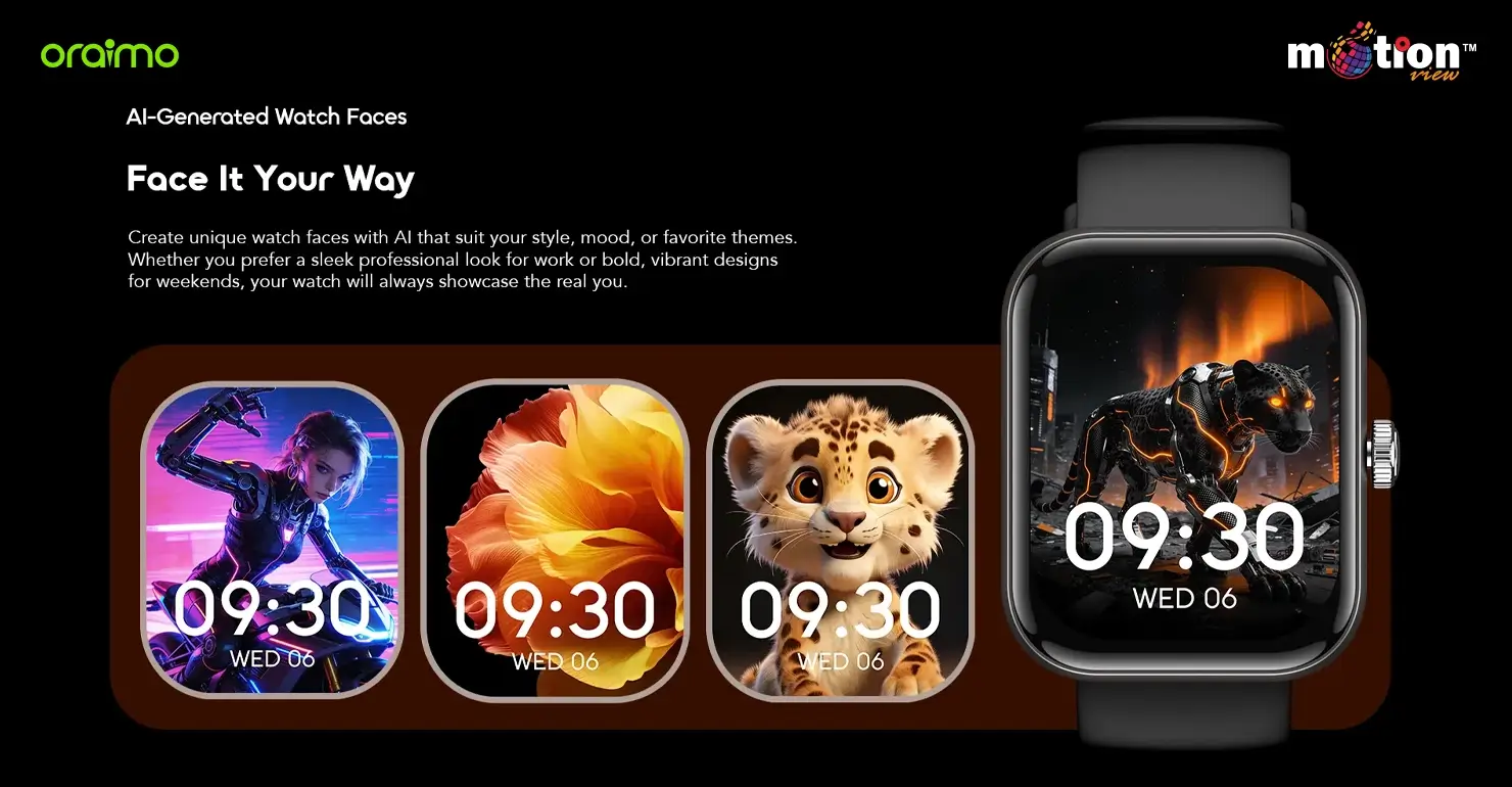 Selection of unique, personalized AI-generated watch faces available to customize the oraimo Watch Nova 2N OSW-815N smartwatch