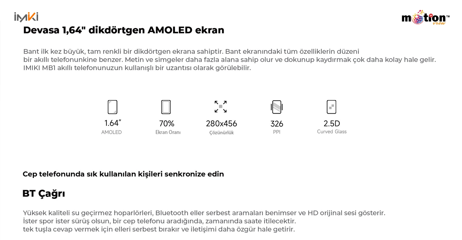 IMIKI MB1 smartwatch display specifications including a 1.64-inch AMOLED screen.