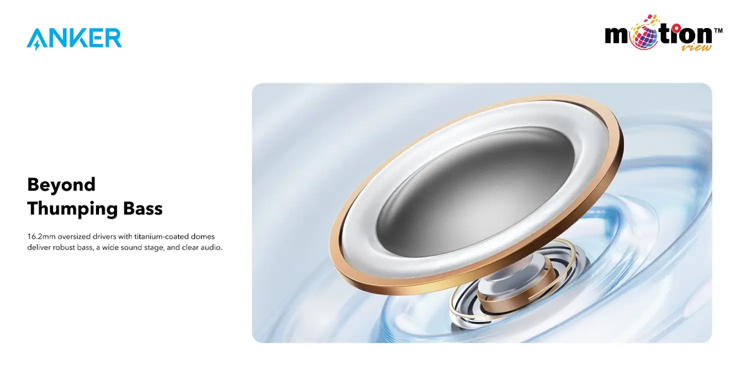 Internal view of Soundcore AeroFit Pro 16.2mm oversized drivers with titanium-coated domes for robust bass.