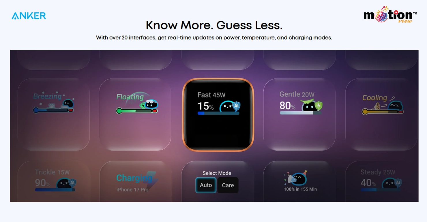 Anker Nano Charger smart display interface showcasing real-time power updates, temperature alerts, and charging modes.