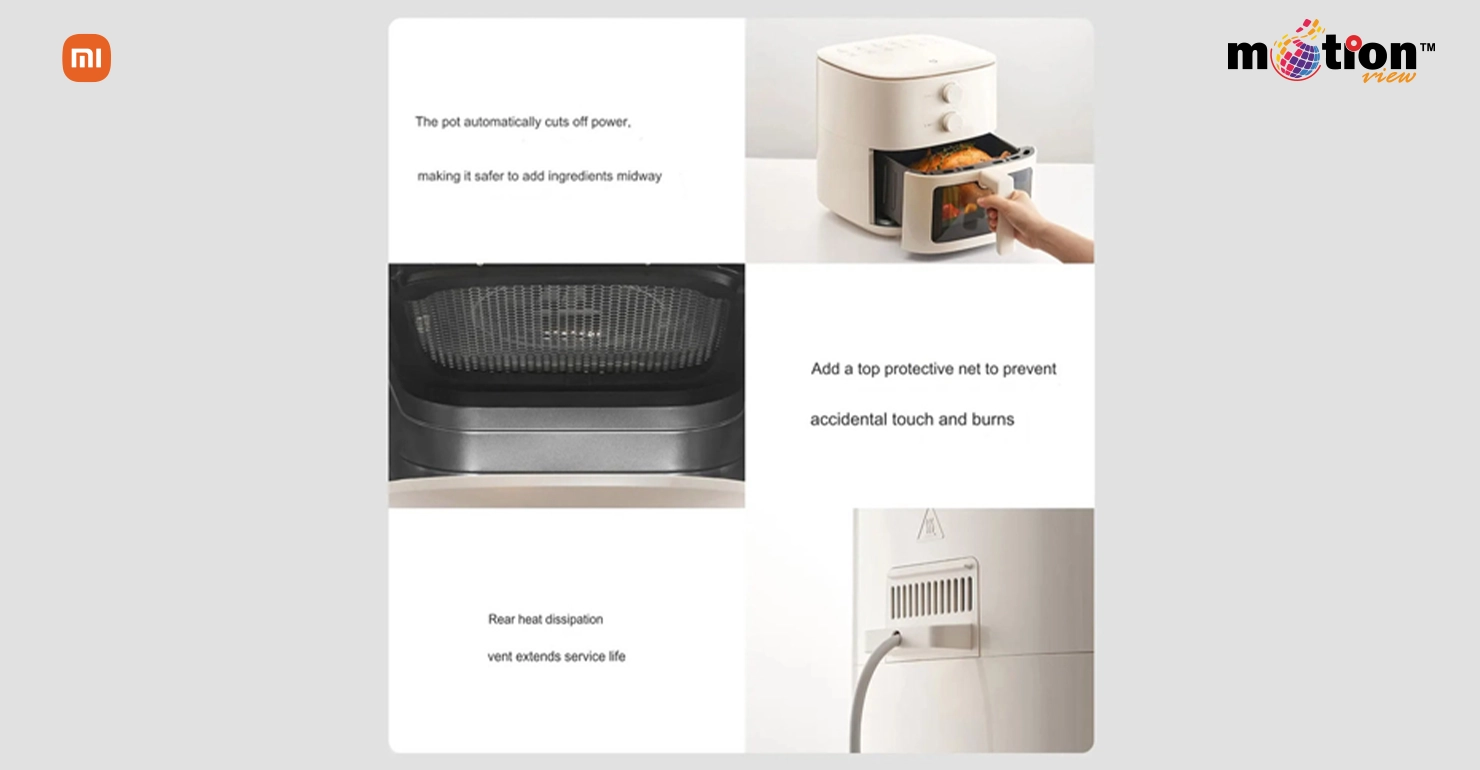 Xiaomi Mijia N1 5L Air Fryer (MAF11) safety features including auto power-off, protective top net, and rear heat dissipation vent.