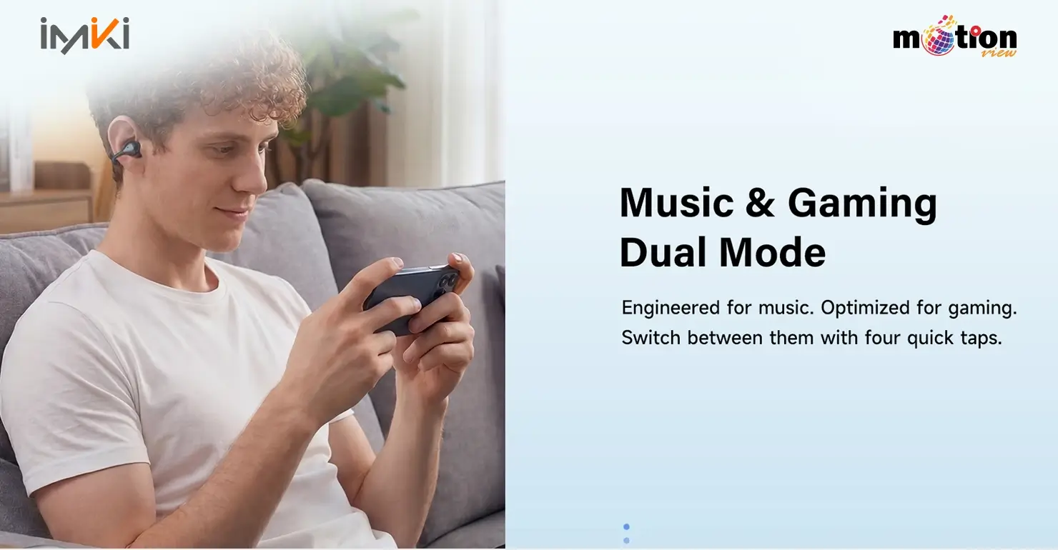 Gamer using Imiki SP2 Earbuds on a smartphone to demonstrate Music and Gaming dual mode with low latency.