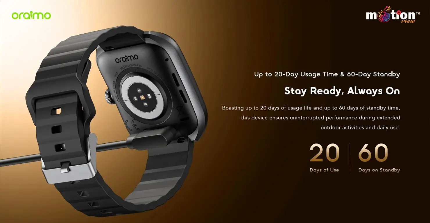 Back view of the oraimo Watch Nova 2 attached to a magnetic charging cable, highlighting its long-lasting battery with up to 20 days of usage and 60 days on standby.