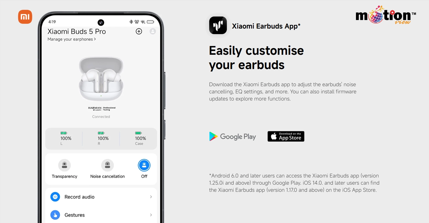 Xiaomi Earbuds App interface for Xiaomi Buds 5 Pro featuring adjustable noise cancellation levels and transparency mode.