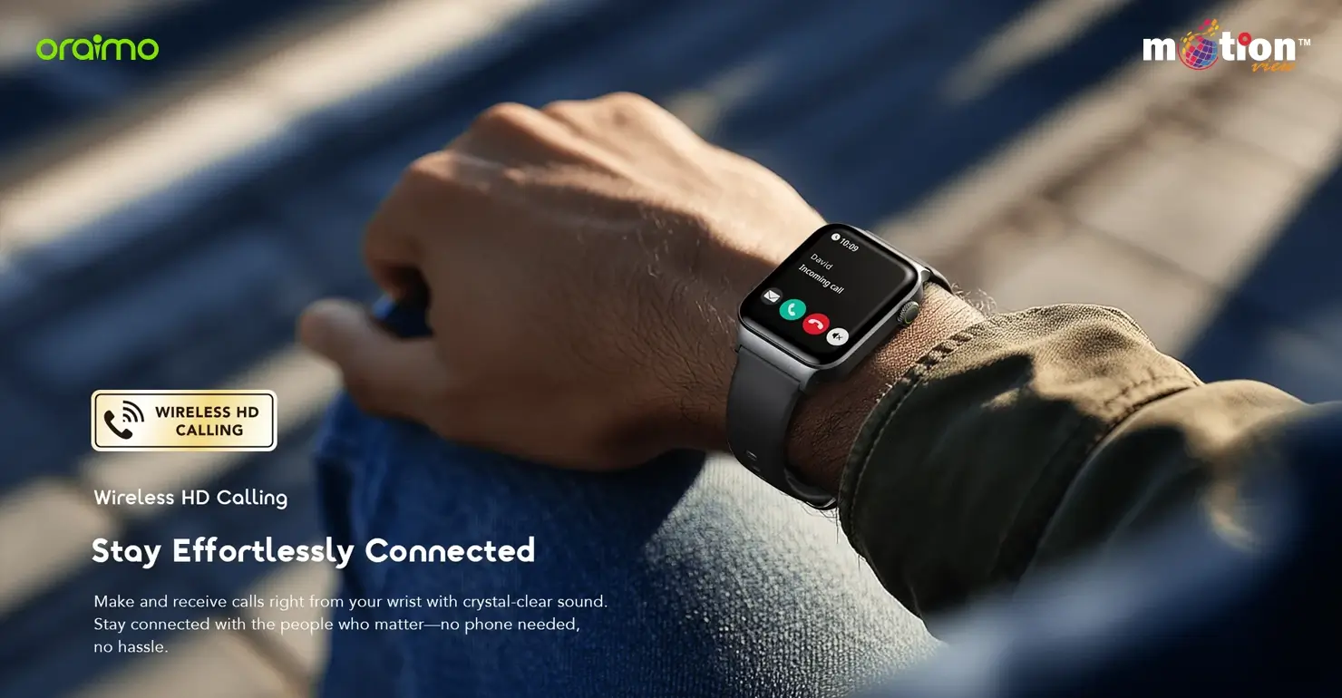 Person outdoors staying effortlessly connected using the crystal-clear wireless HD calling feature on the oraimo Watch 6 Max OSW-8001N