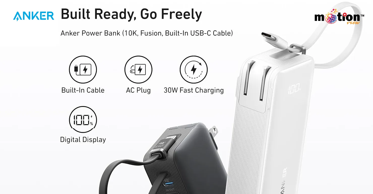 Anker 10K Fusion Power Bank A1637 in black and white, highlighting its built-in USB-C cable, foldable AC plug, 30W fast charging, and digital battery display