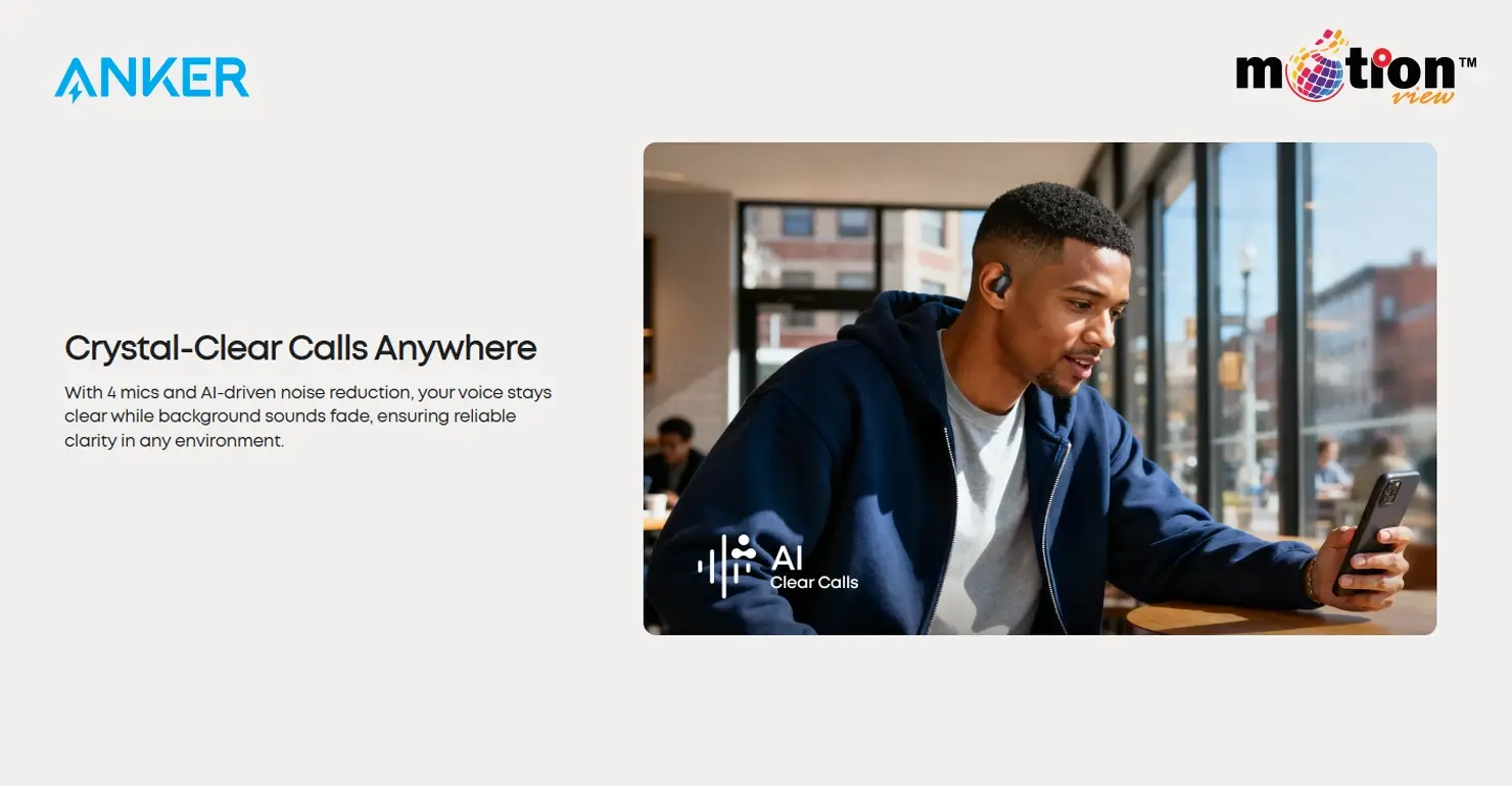 A man taking a phone call with Soundcore AeroFit 2 using 4-mic AI-driven noise reduction for crystal-clear voice quality.